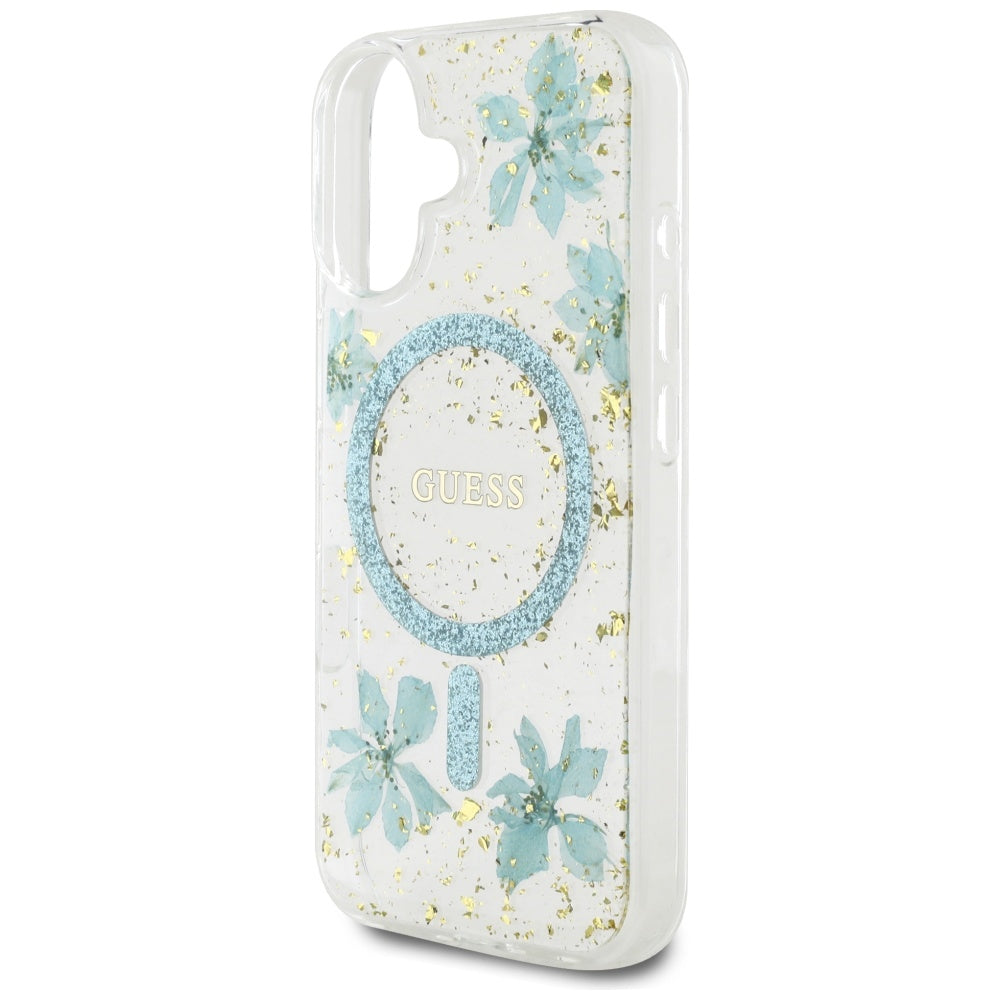 Capa MagSafe para Apple iPhone 16, Guess, Flores de Resina e Glitter, Turquesa