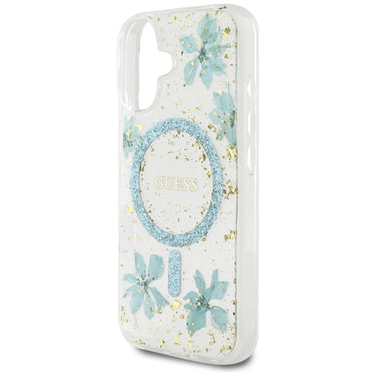 Capa MagSafe para Apple iPhone 16, Guess, Flores de Resina e Glitter, Turquesa