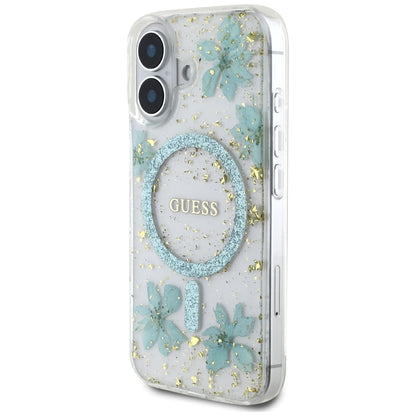Capa MagSafe para Apple iPhone 16, Guess, Flores de Resina e Glitter, Turquesa