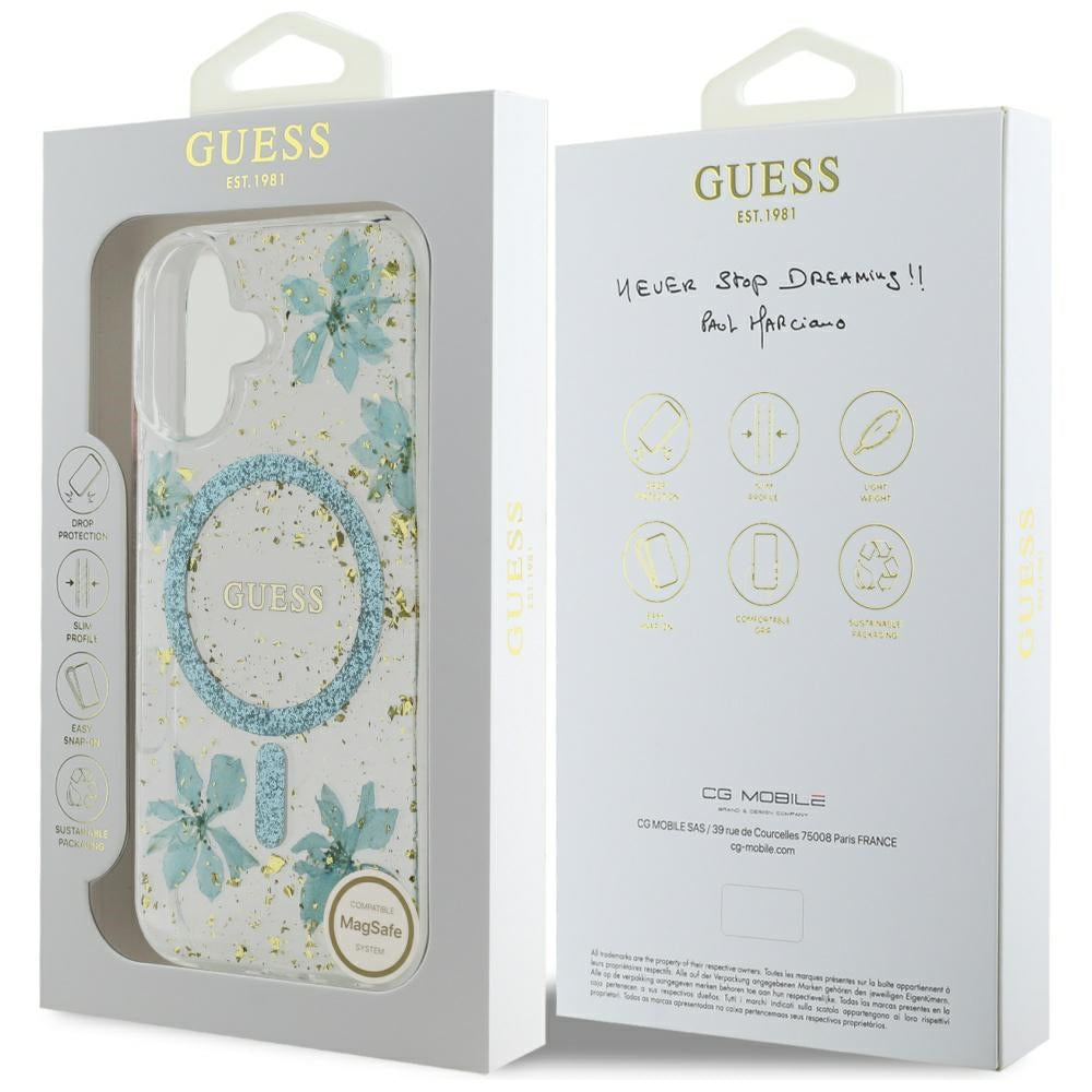 Capa MagSafe para Apple iPhone 16, Guess, Flores de Resina e Glitter, Turquesa