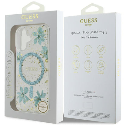 Capa MagSafe para Apple iPhone 16, Guess, Flores de Resina e Glitter, Turquesa