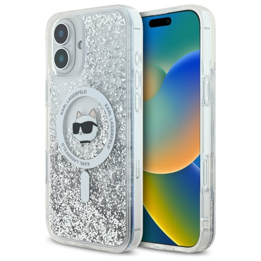Capa MagSafe para Apple iPhone 16, Karl Lagerfeld, Glitter Liquid Choupette Head, Transparente