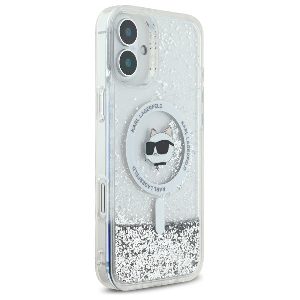 Capa MagSafe para Apple iPhone 16, Karl Lagerfeld, Glitter Liquid Choupette Head, Transparente
