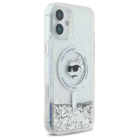 Capa MagSafe para Apple iPhone 16, Karl Lagerfeld, Glitter Liquid Choupette Head, Transparente