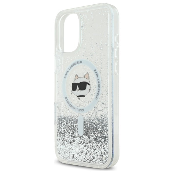 Capa MagSafe para Apple iPhone 16, Karl Lagerfeld, Glitter Liquid Choupette Head, Transparente