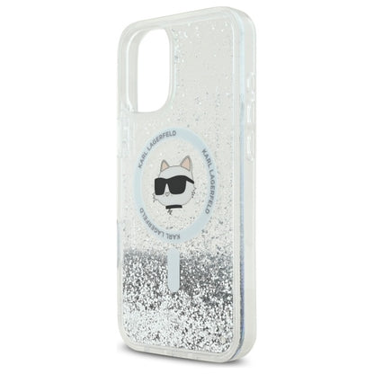 Capa MagSafe para Apple iPhone 16, Karl Lagerfeld, Glitter Liquid Choupette Head, Transparente