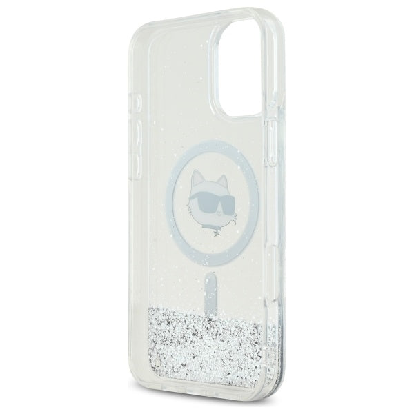 Capa MagSafe para Apple iPhone 16, Karl Lagerfeld, Glitter Liquid Choupette Head, Transparente