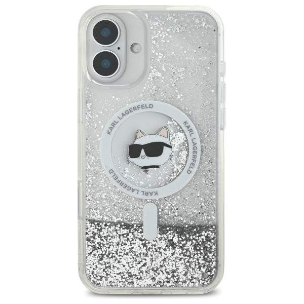 Capa MagSafe para Apple iPhone 16, Karl Lagerfeld, Glitter Liquid Choupette Head, Transparente