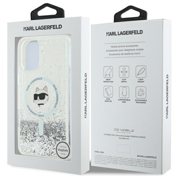 Capa MagSafe para Apple iPhone 16, Karl Lagerfeld, Glitter Liquid Choupette Head, Transparente