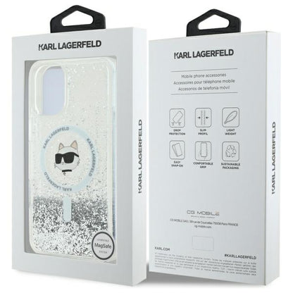 Capa MagSafe para Apple iPhone 16, Karl Lagerfeld, Glitter Liquid Choupette Head, Transparente