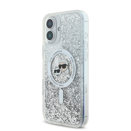 Capa MagSafe para Apple iPhone 16, Karl Lagerfeld, Glitter Liquid Karl & Choupette's Heads, Transparente