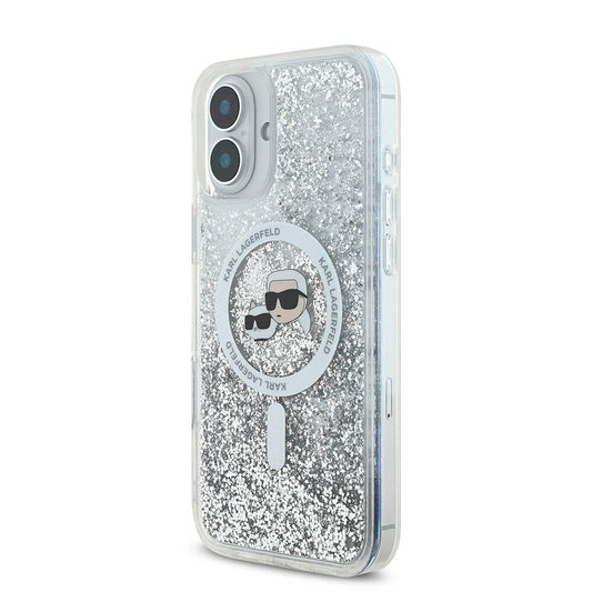 Capa MagSafe para Apple iPhone 16, Karl Lagerfeld, Glitter Liquid Karl & Choupette's Heads, Transparente