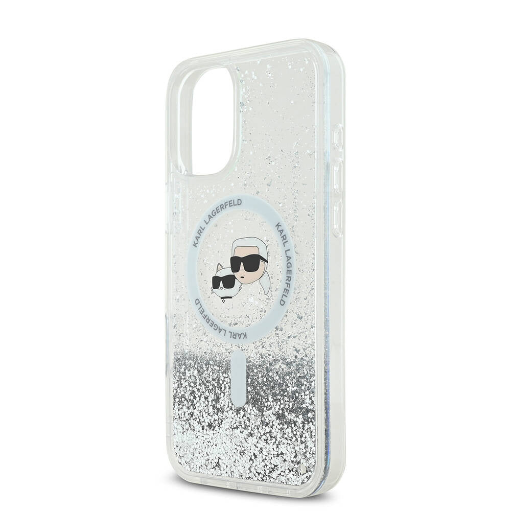 Capa MagSafe para Apple iPhone 16, Karl Lagerfeld, Glitter Liquid Karl & Choupette's Heads, Transparente