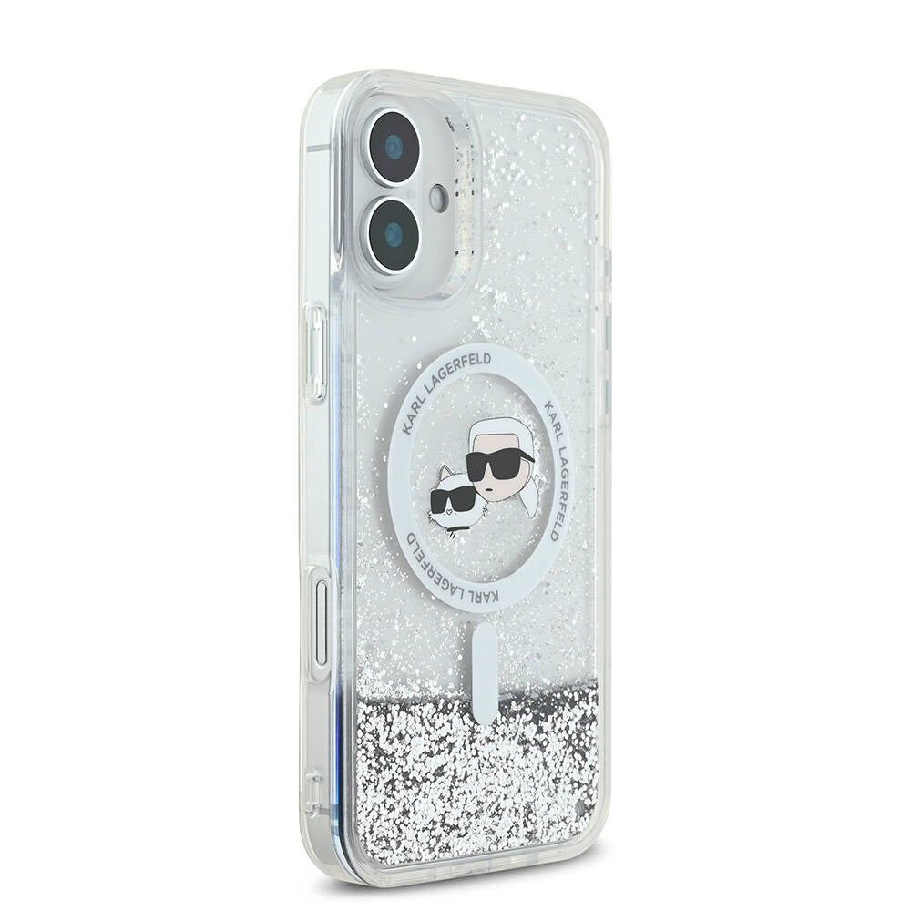 Capa MagSafe para Apple iPhone 16, Karl Lagerfeld, Glitter Liquid Karl & Choupette's Heads, Transparente