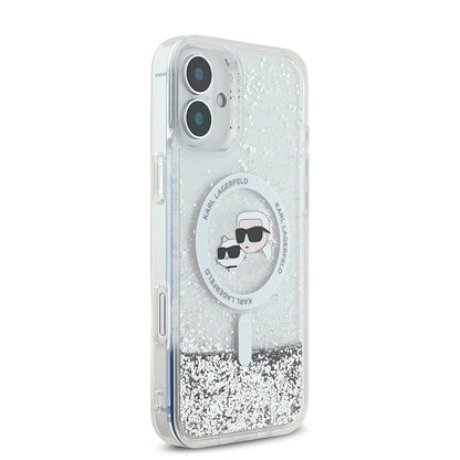Capa MagSafe para Apple iPhone 16, Karl Lagerfeld, Glitter Liquid Karl & Choupette's Heads, Transparente