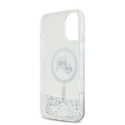 Capa MagSafe para Apple iPhone 16, Karl Lagerfeld, Glitter Liquid Karl & Choupette's Heads, Transparente