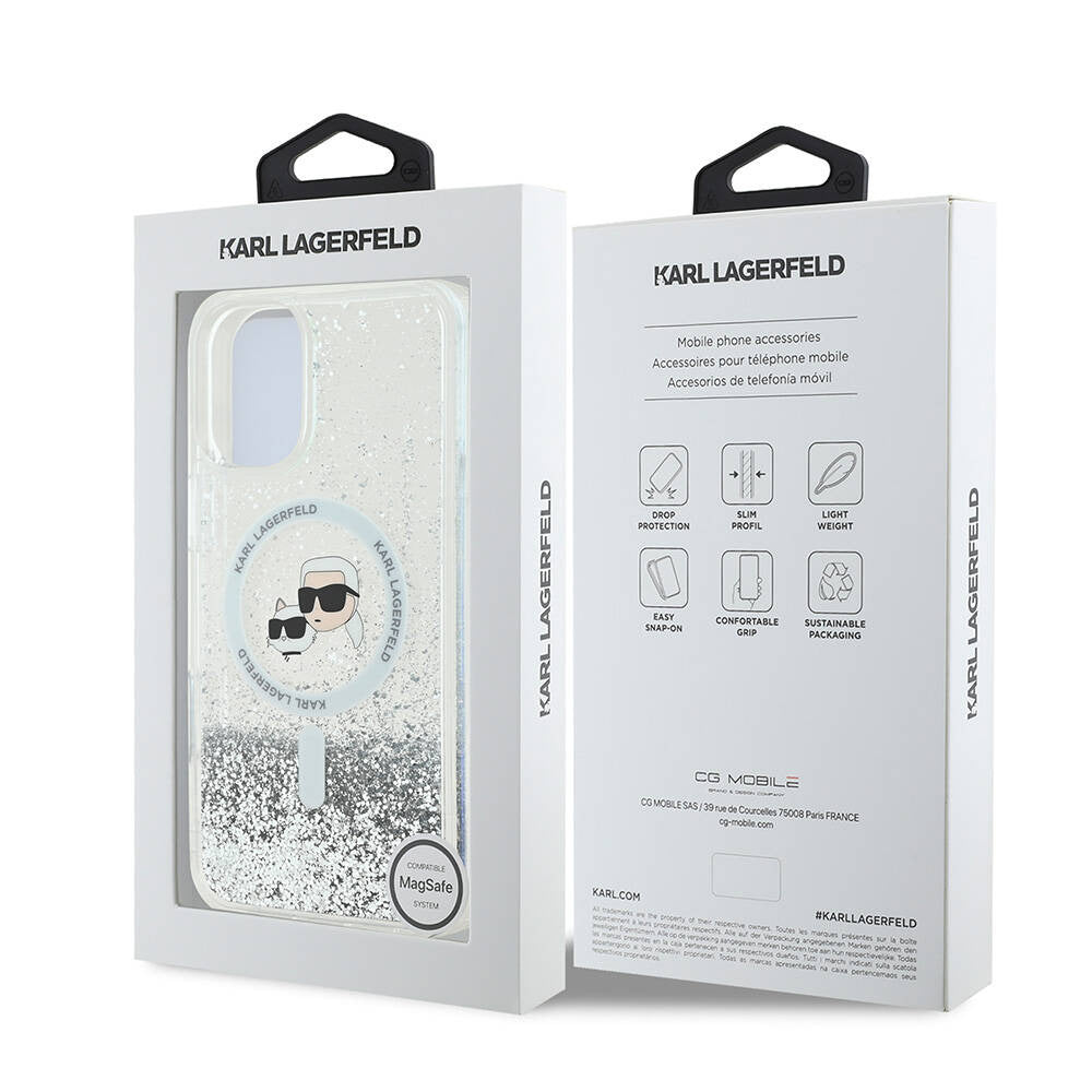 Capa MagSafe para Apple iPhone 16, Karl Lagerfeld, Glitter Liquid Karl & Choupette's Heads, Transparente