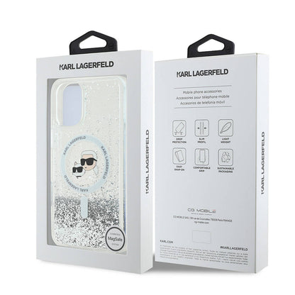 Capa MagSafe para Apple iPhone 16, Karl Lagerfeld, Glitter Liquid Karl & Choupette's Heads, Transparente