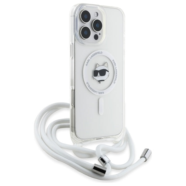 Capa MagSafe para Apple iPhone 16, Karl Lagerfeld, IML Crossbody Choupette's Head com Alça, Transparente