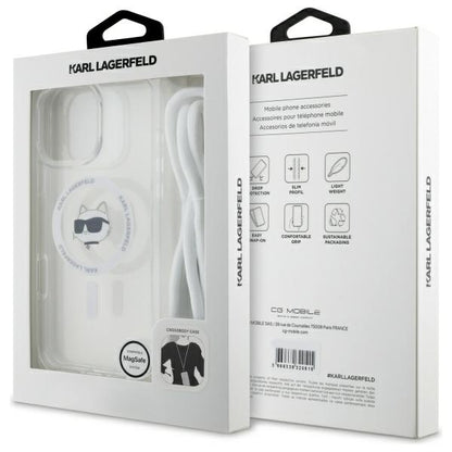 Capa MagSafe para Apple iPhone 16, Karl Lagerfeld, IML Crossbody Choupette's Head com Alça, Transparente