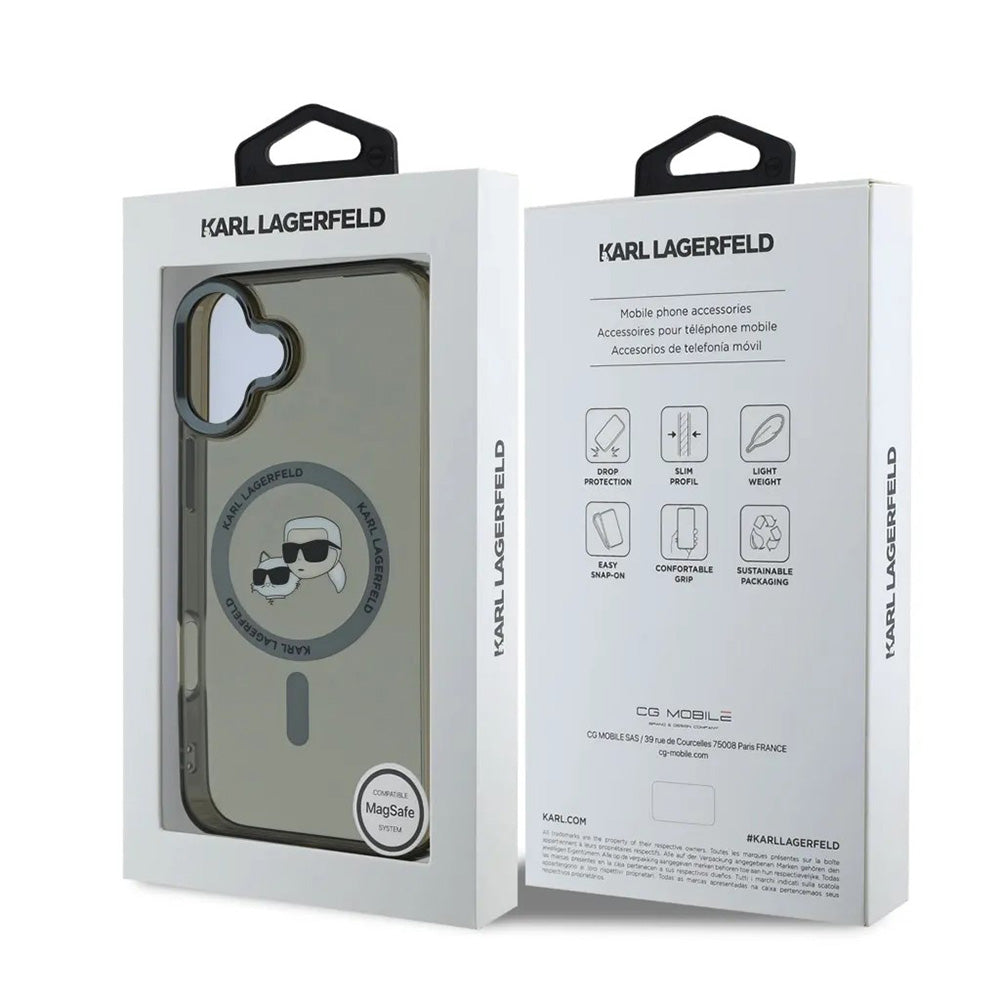 Capa MagSafe para Apple iPhone 16, Karl Lagerfeld, IML Metal Karl & Choupette's Heads, Preta