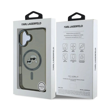 Capa MagSafe para Apple iPhone 16, Karl Lagerfeld, IML Metal Karl & Choupette's Heads, Preta