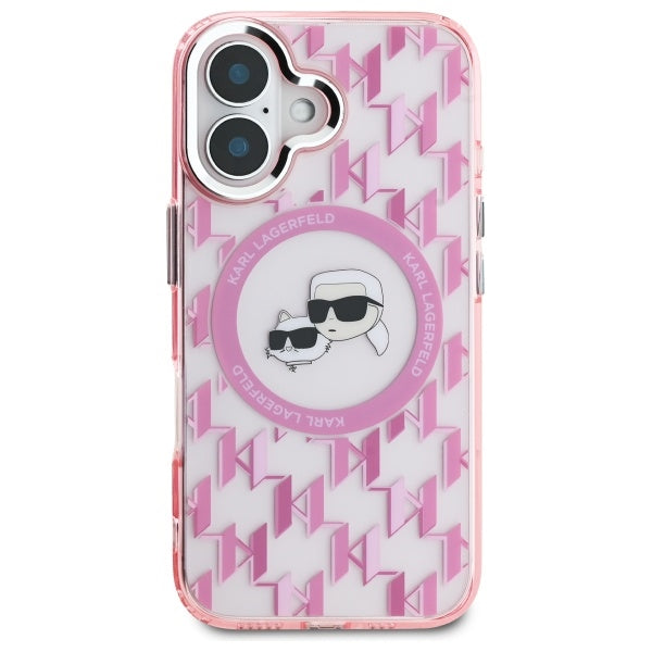 Capa MagSafe para Apple iPhone 16, Karl Lagerfeld, IML Monograma Karl & Cabeças de Choupette, Rosa