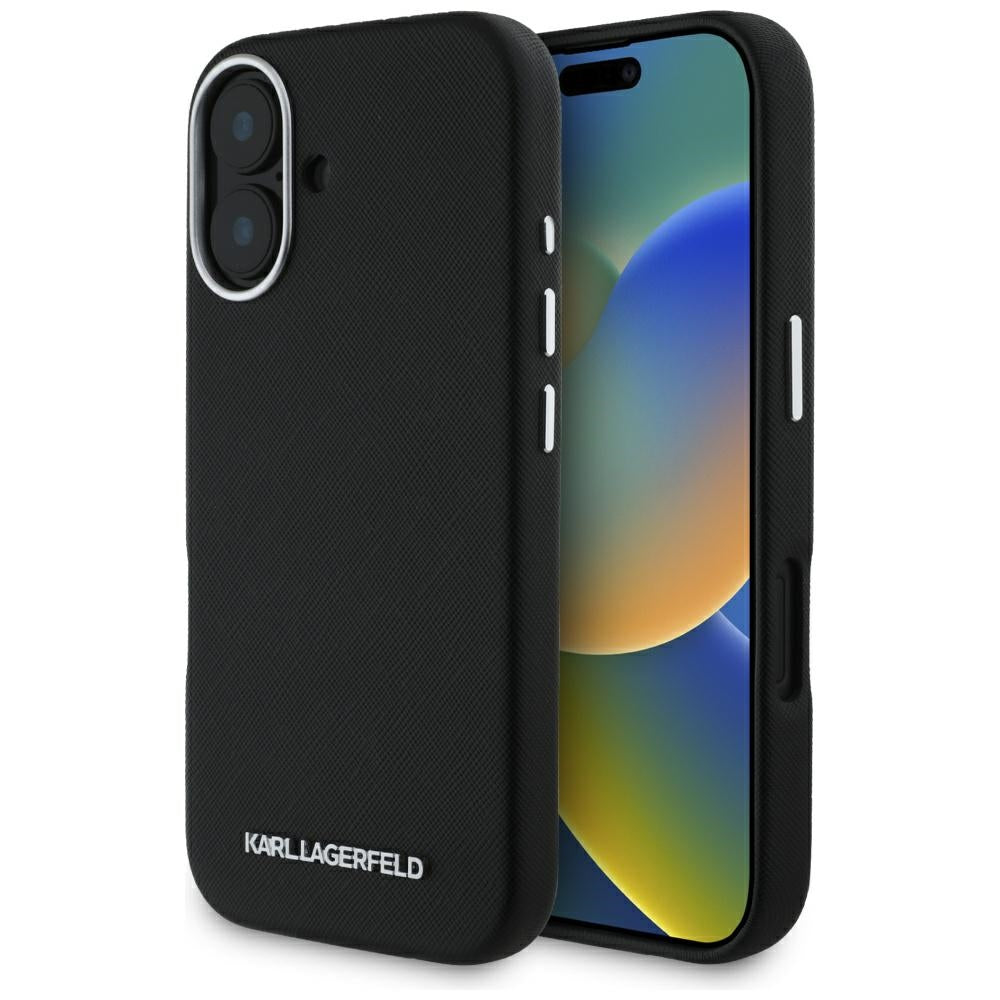 Capa MagSafe para Apple iPhone 16, Karl Lagerfeld, Saffiano Full Wrapped Elongated Metal Logo, Preta