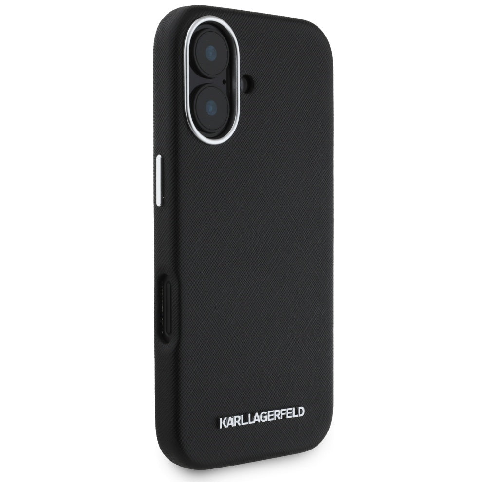 Capa MagSafe para Apple iPhone 16, Karl Lagerfeld, Saffiano Full Wrapped Elongated Metal Logo, Preta