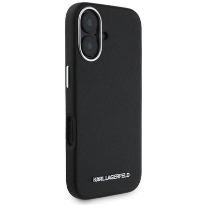 Capa MagSafe para Apple iPhone 16, Karl Lagerfeld, Saffiano Full Wrapped Elongated Metal Logo, Preta