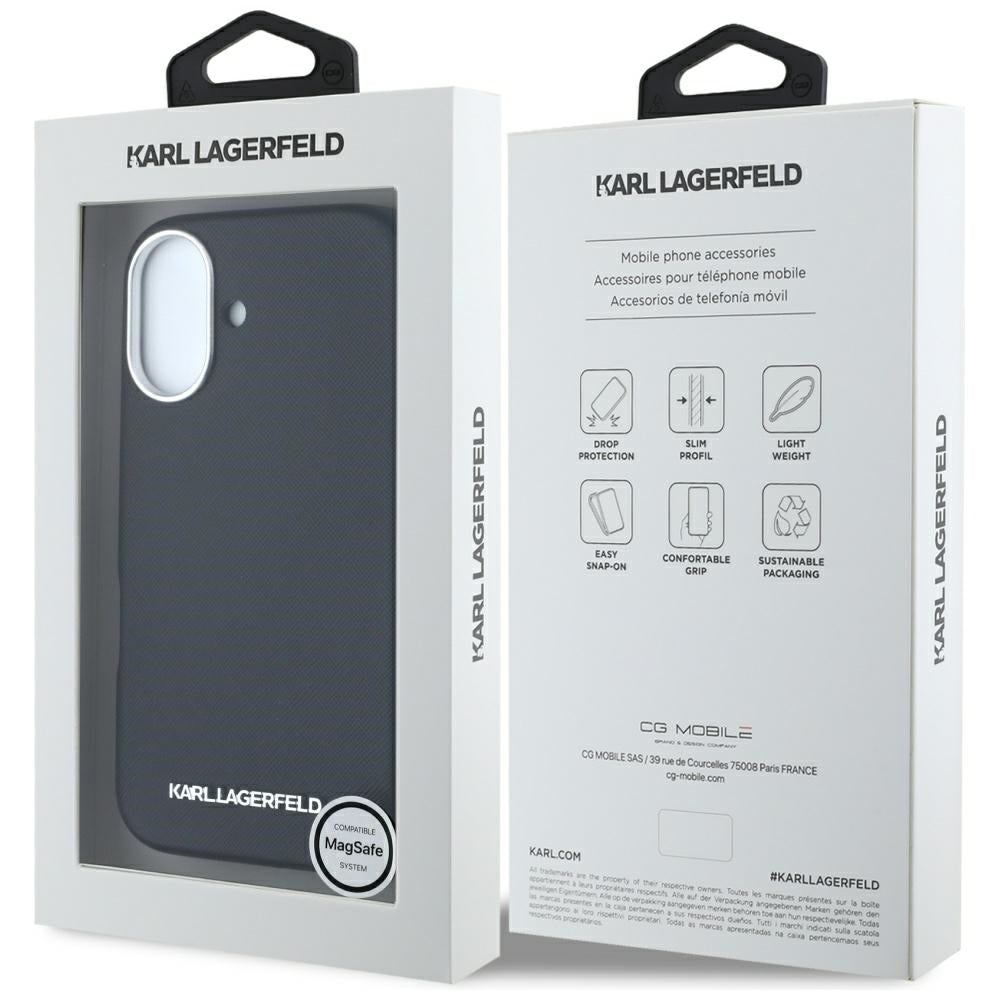 Capa MagSafe para Apple iPhone 16, Karl Lagerfeld, Saffiano Full Wrapped Elongated Metal Logo, Preta