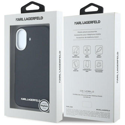 Capa MagSafe para Apple iPhone 16, Karl Lagerfeld, Saffiano Full Wrapped Elongated Metal Logo, Preta