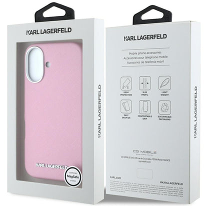 MagSafe Case for Apple iPhone 16, Karl Lagerfeld, Saffiano Full Wrapped Elongated Metal Logo, Pink