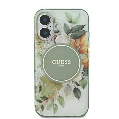 MagSafe Case for Apple iPhone 16 Plus, Guess, IML Flower & Tonal Circle, Green