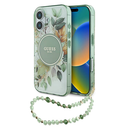 Capa MagSafe para Apple iPhone 16 Plus, Guess, IML Flowers with Pearl Strap, Verde
