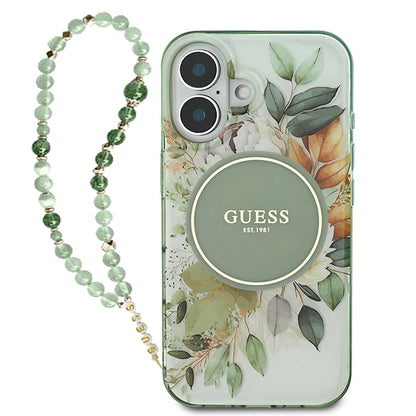 Capa MagSafe para Apple iPhone 16 Plus, Guess, IML Flowers with Pearl Strap, Verde
