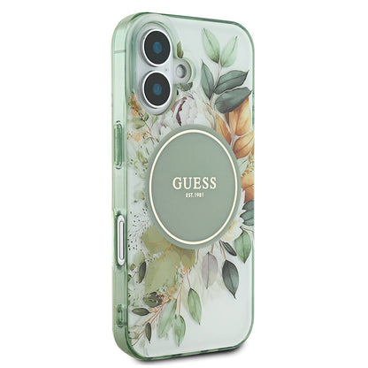 Capa MagSafe para Apple iPhone 16 Plus, Guess, IML Flowers with Pearl Strap, Verde