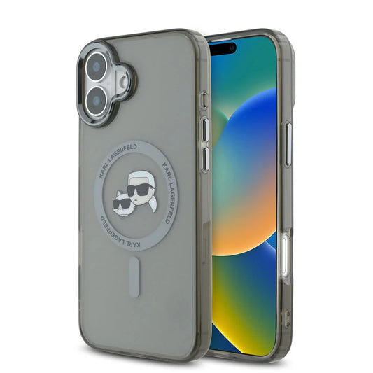 Capa MagSafe para Apple iPhone 16 Plus, Karl Lagerfeld, IML Metal Karl & Choupette's Heads, Preta.