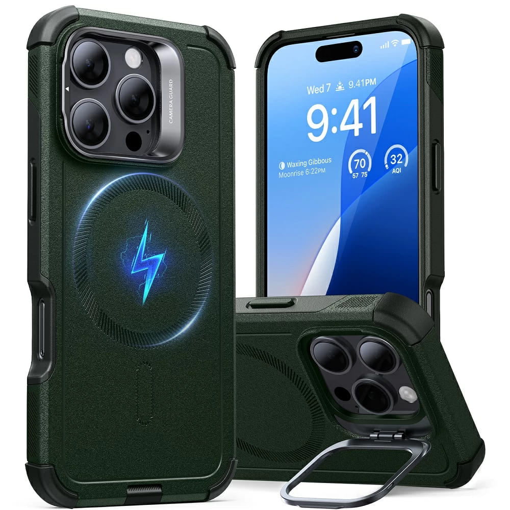 Capa MagSafe para Apple iPhone 16 Pro, ESR, Cyber Armor Kickstand, Verde
