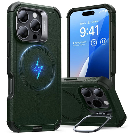 Capa MagSafe para Apple iPhone 16 Pro, ESR, Cyber Armor Kickstand, Verde