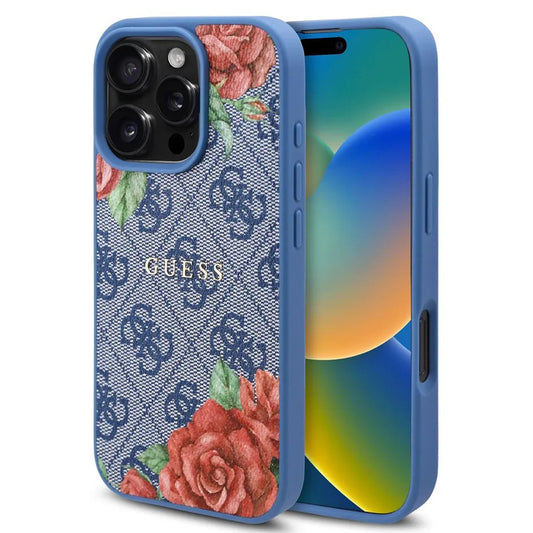 Capa MagSafe para Apple iPhone 16 Pro, Guess, Estampa de Flores 4G, Azul
