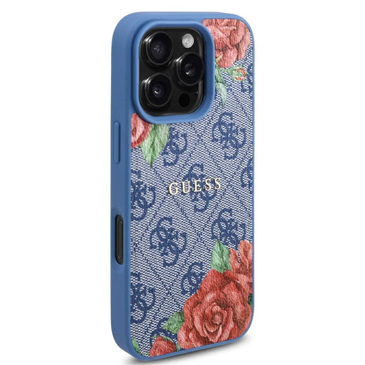 Capa MagSafe para Apple iPhone 16 Pro, Guess, Estampa de Flores 4G, Azul