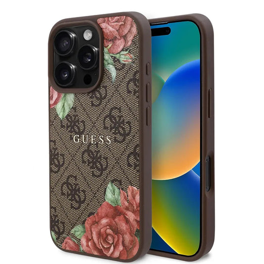 Capa MagSafe para Apple iPhone 16 Pro, Guess, Estampa de Flores 4G, Marrom