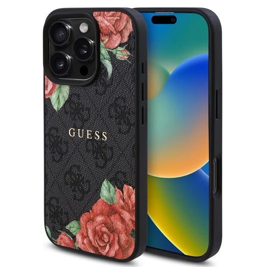 Capa MagSafe para Apple iPhone 16 Pro, Guess, Estampa de Flores 4G, Preta