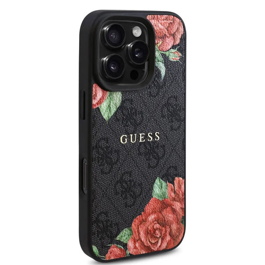 Capa MagSafe para Apple iPhone 16 Pro, Guess, Estampa de Flores 4G, Preta