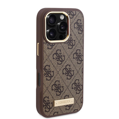 Capa MagSafe para Apple iPhone 16 Pro, Guess, 4G Logo Plate, Castanho