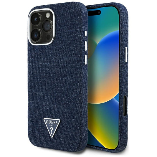 Capa MagSafe para Apple iPhone 16 Pro, Guess, Logotipo Triângulo em Denim, Azul