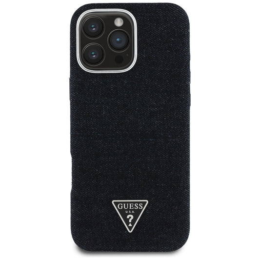 Capa MagSafe para Apple iPhone 16 Pro, Guess, Logotipo Triângulo em Denim, Preta