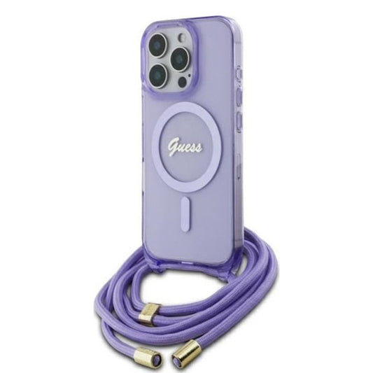 Capa MagSafe para Apple iPhone 16 Pro, Guess, IML Crossbody Cord Script, Roxo