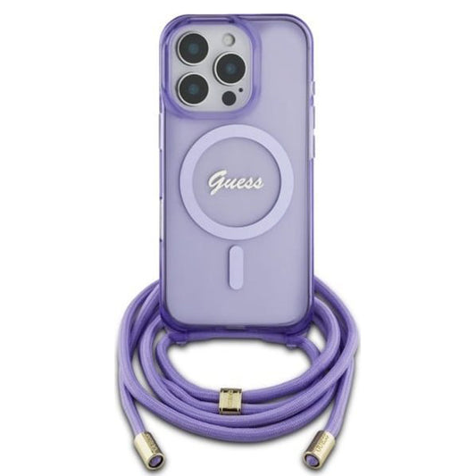Capa MagSafe para Apple iPhone 16 Pro, Guess, IML Crossbody Cord Script, Roxo